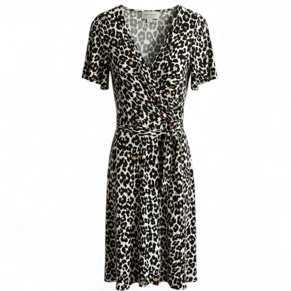 Leopard Print Flattering Faux Wrap Donna Morgan Dress Stretch Easy Care Size 14